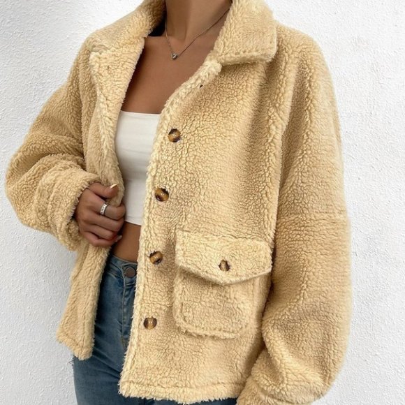fall winter casual button teddy faux fur button down coat trending - Picture 3 of 6